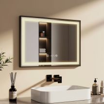 Emke - Badspiegel mit Beleuchtung 70x50cm Badspiegel Schwarzer Rand led Badezimmerspiegel mit Touch, Antibeschlage, Uhr, Temperatur, Dimmbar,