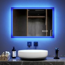 Emke - Blue Atmosphere Light Bathroom Bluetooth Mirror with led Lights 50X70cm Dimmable 2 Colours Demister Mirror with Shaver Socket