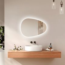 Emke - Espejo de baño iluminado con retroiluminación, espejo de baño asimétrico, antivaho, interruptor táctil, 3 colores de luz regulables, 70 x 50 cm