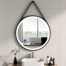 Espejo de Baño Redondo led Marco Negro con Correa Ajustable Interruptor Táctil - Diámetro 80 cm Luz blanca fría/cálida/neutra - Emke