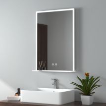 Emke - Espejo de baño con luz con estante de vidrio Espejo baño con Interruptor táctil Anti-vaho 70x50cm Luz blanca fría