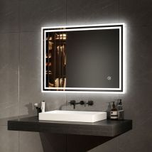 Emke - Espejo de baño con luz, Espejo de baño con diseño de tira de luz doble, 80 x 60 cm 3 Colores luz ajustables + Interruptor Táctil + Antivaho