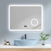 Espejo de Baño con luz, led Espejo Baño con 3X Lupa, IP44 Ahorro de energía, 80 x 60 cm Luz Blanca Fria/Luz calida/Luz neutra + Interruptor tactil +