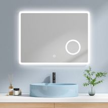 Emke - Espejo de Baño con luz, led Espejo Baño con 3X Lupa, IP44 Ahorro de energía, 80 x 60 cm Luz blanca fría, Interruptor tactil