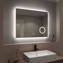 EMKE LED Bathroom Mirror Illuminated Wall Mirror Touch Switch + Demister Pad + Shaver Socket + 3X Magnifying Mirror, 900 x 700mm, Horizontal