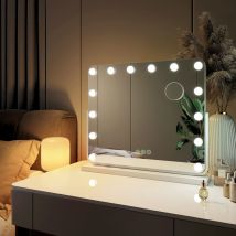 Miroir de maquillage Hollywood Miroir grossissant avec Ampoules led Interrupteur tactile 3 couleurs dimmable Rotation à 360° - Cadre Blanc 57 x 48 cm
