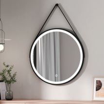 Miroir lumineux salle de bain rond diamètre 80cm cadre noir avec lanière réglable, Miroir led rond avec Interrupteur Tactile, Miroir avec éclairage