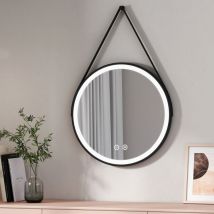 Miroir lumineux salle de bain rond diamètre 60cm cadre noir avec lanière réglable, Miroir led rond avec Interrupteur Tactile, Miroir avec éclairage