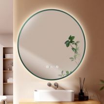 Miroir de salle de bains rond avec éclairage, 80cm, bordure vert foncé, dimmable, anti-buée, horloge, affichage de la température, Miroir de salle de