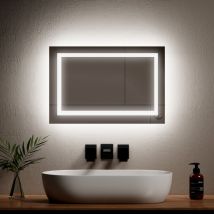 Emke - Miroir lumineux de salle de bain avec Interrupteur à bouton, Anti-buée, Vertical et Horizontal, Lumière Froide/Chaude 60x40 cm