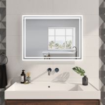 Miroir lumineux de salle de bain 80x60cm, Miroir de salle de bain avec Interrupteur Tactile, Anti-buée, Dimmable, Miroir led avec Lumière Blanche