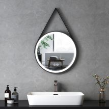 Miroir lumineux de salle de bain rond avec Interrupteur Tactile, 3 Couleurs de lumière Variable, Cadre Noir et bandoulière réglable Diamètre 50cm