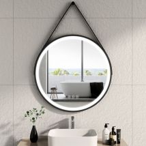 Miroir lumineux salle de bain rond diamètre 80cm cadre noir avec lanière réglable, Miroir led avec Interrupteur Tactile, Anti-buée, Miroir avec