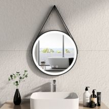 Miroir lumineux salle de bain rond diamètre 50cm cadre noir avec lanière réglable, Miroir led avec Interrupteur Tactile, Anti-buée, Miroir avec