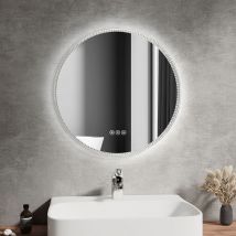Emke - Round Bathroom Mirror with led Lights 600MM Dimmable 3 Colours Illuminated Crystal Frame Fashion Defogging Mirror