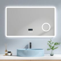 Emke - Specchio Bagno con Luce 100 x 60 cm, con Interruttore Tattile e Bluetooth e Antiappannamento e Orologio e 3 Volte Lente D'ingrandimento, Luce