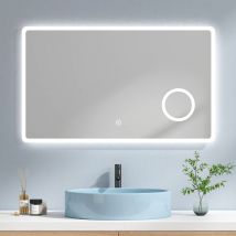 Specchio Bagno con Luce 100 x 60 cm, Specchio Bagno led con Interruttore Tattile e 3 Volte Lente D'ingrandimento, Luce Bianca Fredda 6500K - Emke