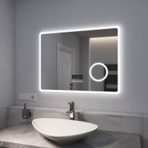 Emke - Specchio Bagno con Luce 80 x 60 cm, con Interruttore Tattile e Bluetooth e Antiappannamento e Orologio e 3 Volte Lente D'ingrandimento, Luce