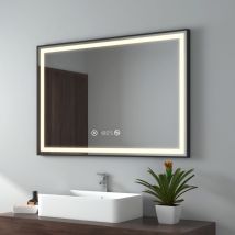 Emke - Specchio da bagno a led cornice nera con interruttore touch, antiappannamento, orologio, temperatura, dimmerabile, funzione memory, luce