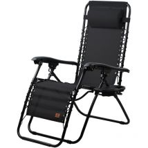 Campfeuer - Lettino nero, lettino da campeggio, sedia a sdraio, lettino da giardino con scomparto per le bevande