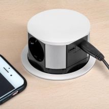 Emuca - multiconector extraíble vertikal push diámetro 100mm, 3 enchufes tipo schuko, 1 usb tipo a, 1 usb tipo c, acero y plástico, pintado blanco