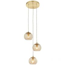 Dimple Modern Cluster 3 Light colgante de latón cepillado, pantalla de cristal champán - Endon