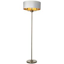 Highclere Lampadaire avec base et abat-jour, plaque en laiton antique, tissu blanc vintage - Endon