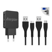 Energizer - HardCase – Kompaktes 2x USB-A-Wandladegerät + usb-c- und Micro-USB-Kabel (schwarz), lebenslange Garantie
