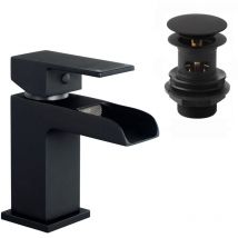 Enki - Plaza Basin Mixer Tap & Waste Sqaure Slotted Black BBT0135