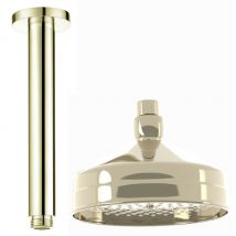 RA064, 150mm Traditional Ceiling Mounted Fixed Small Shower Head English Gold, Solid Brass, 180mm Shower Arm, Round Rose, Mixer Rainfall Shower,