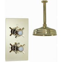 Enki - SH0261 Edward Traditional Crosshead and White Details Concealed Thermostatic Shower Set Ceiling Fixed 8' Shower Head - English Gold (1 Outlet)