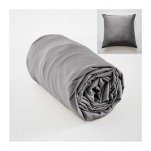 Ensembe drap housse 140 x 190 cm + 2 taies 60 x 60 cm en bambou de satin Salomé Anthracite