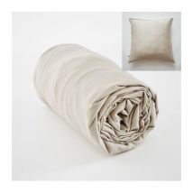 Ensembe drap housse 140 x 190 cm + 2 taies 60 x 60 cm en bambou de satin Salomé Naturel