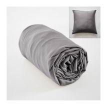 Ensembe drap housse 160 x 200 cm + 2 taies 60 x 60 cm en bambou de satin Salomé Anthracite