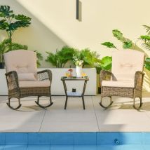 Ensemble 2 Chaises à Bascule en Rotin pe et Table d'Appoint en Verre Trempé, Coussins Inclus CW77350