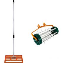 Ensemble 2-en-1 Scarificateur Manuel et Niveleur de Pelouse Orange en Acier Galvanisé et Aluminium avec Manche Extensible jusqu'à 190 cm, Base de