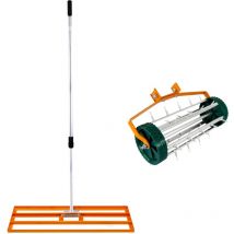 Ensemble 2-en-1 Scarificateur Manuel et Niveleur de Pelouse Orange en Acier Galvanisé et Aluminium avec Manche Extensible jusqu'à 2 m, Base de