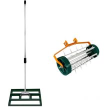 Ensemble 2-en-1 Scarificateur Manuel et Niveleur de Pelouse Vert en Acier Galvanisé et Aluminium avec Manche Extensible jusqu'à 190 cm, Base de