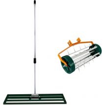 Ensemble 2-en-1 Scarificateur Manuel et Niveleur de Pelouse Vert en Acier Galvanisé et Aluminium avec Manche Extensible jusqu'à 2 m, Base de