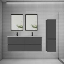 Biubiubath - Ensemble 2 meubles Anthracite et vasques L.120cm 4 tiroirs + colonne haut + lavabo + 2xmiroir-suspendu