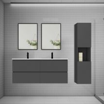 Biubiubath - Ensemble 2 meubles Anthracite et vasques L.120cm 4 tiroirs + colonne1 haut + lavabo + 2xmiroir-suspendu