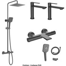 ESC - Ensemble 2 Mitigeurs lavabo + Colonne de douche + Mitigeur Bain + Support douchette flexible Couleur Carbone