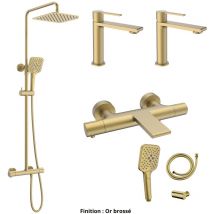 ESC - Ensemble 2 Mitigeurs lavabo + Colonne de douche + Mitigeur Bain + Support douchette flexible Couleur Or brossé