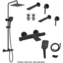 2 Mitigeurs lavabo +2 Bondes +Colonne de douche +Mitigeur Bain+Support douchette Couleur Noir mat Version Bonde sans trop plein