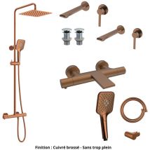 2 Mitigeurs lavabo +2 Bondes +Colonne de douche +Mitigeur Bain+Support douchette Couleur Cuivre brossé Version Bonde sans trop plein