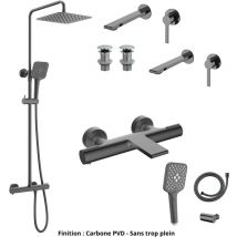 2 Mitigeurs lavabo +2 Bondes +Colonne de douche +Mitigeur Bain+Support douchette Couleur Carbone Version Bonde sans trop plein