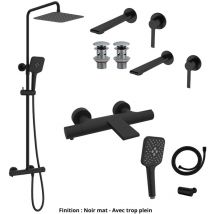 2 Mitigeurs lavabo +2 Bondes +Colonne de douche +Mitigeur Bain+Support douchette Couleur Noir mat Version Bonde avec trop plein