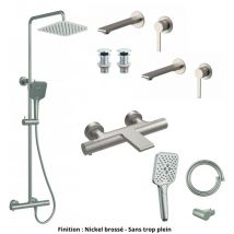 2 Mitigeurs lavabo +2 Bondes +Colonne de douche +Mitigeur Bain+Support douchette Couleur Nickel Brossé Version Bonde sans trop plein