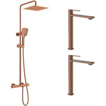 ESC - Ensemble 2 mitigeurs lavabo réhaussés + Colonne de douche Couleur Cuivre brossé