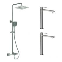 Ensemble 2 mitigeurs lavabo réhaussés + Colonne de douche Couleur Nickel Brossé